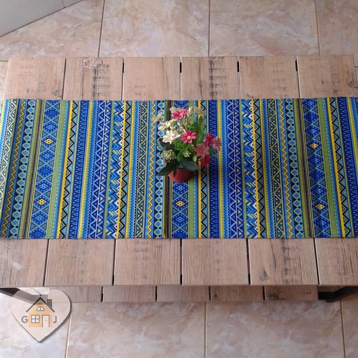 Taplak Meja Tamu Bahan Kain Kanvas Linen Tebal Ukuran 150 cm x 40 cm Motif Tribal Hijau