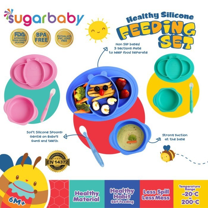 Sugar Baby Healthy SILICONE FEEDING SET (3pcs) / Stainless Steel CHILDREN FEEDING SET /Alat Makan Set