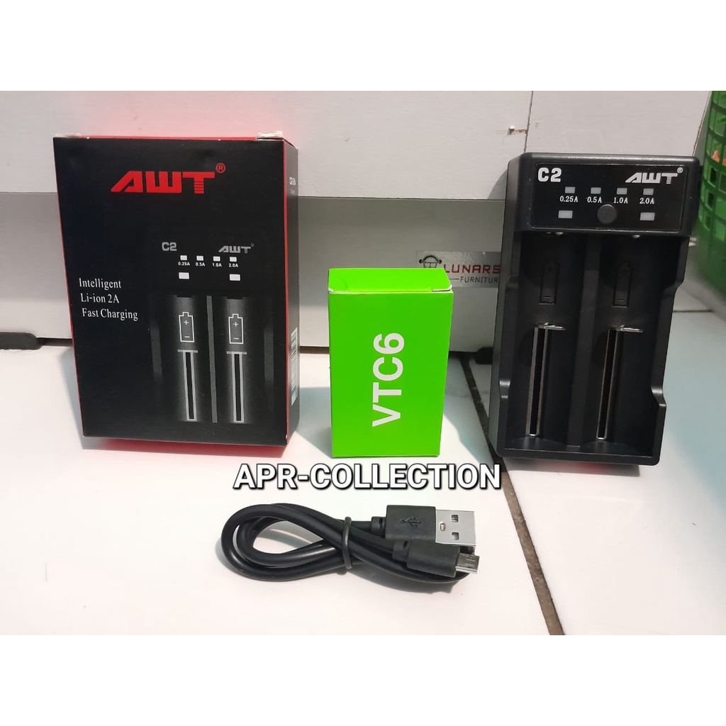 FULL SET KOMPLIT SIAP PAKAI CHARGER BATERAI AWT C2 / CHARGER C2 AWT + BATERAI AWT 18650 2 PCS