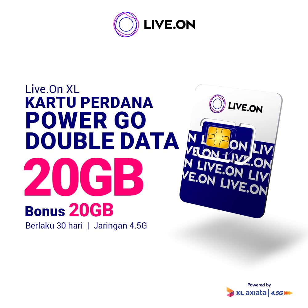 Live.On Kartu Perdana Power Go Double Data 20GB (30 hari) + 4GB/Bulan (Total 20GB) Jaringan 4.5G