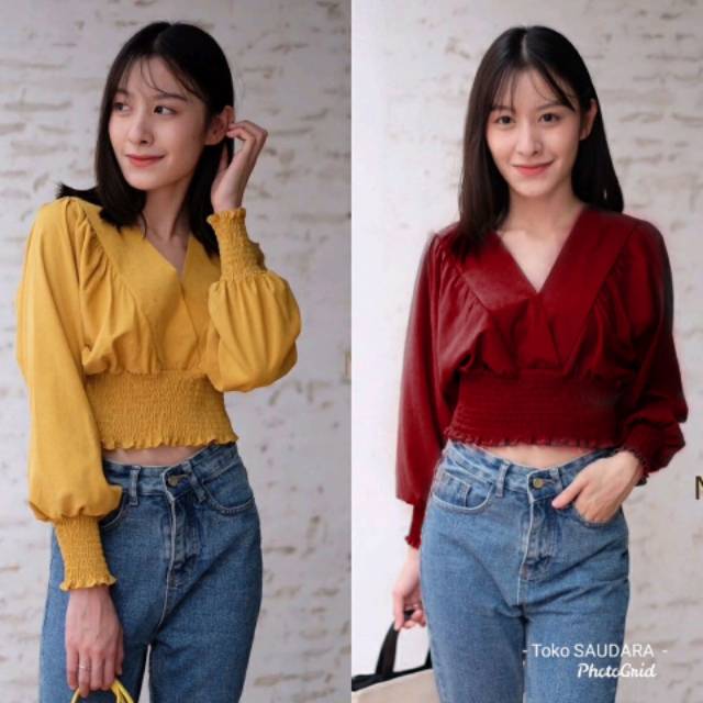 Blouse v neck lengan panjang kerut pinggang