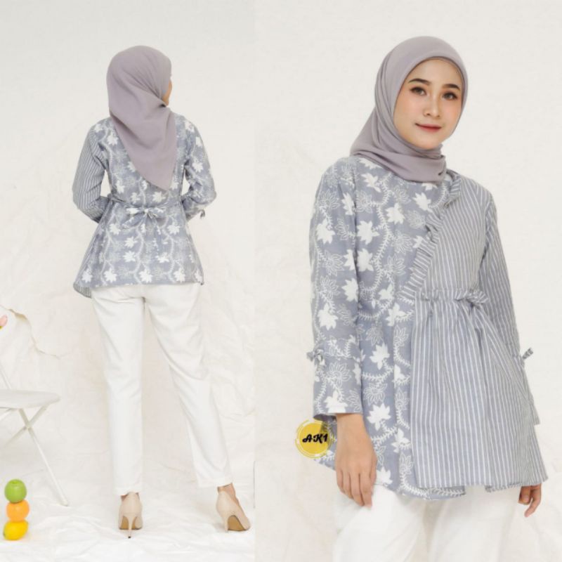 tey-17 Batik wanita ASJ SA HRB026 Kenongo Kemeja Tosca Pendek-Rempel melati grey