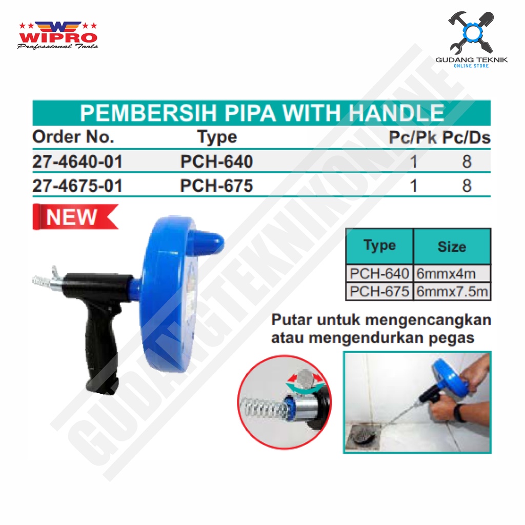 Pembersih Pipa Manual With Handle WIPRO PCH-675 / Pembersih Pipa Mampet Buntu Manual Dengan Handle WIPRO PCH675 - PCH 675