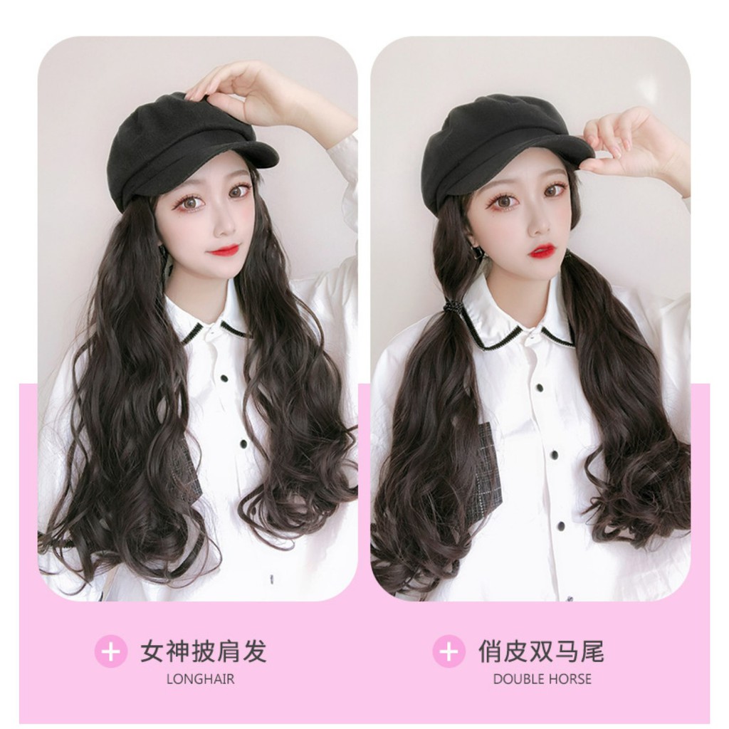 HTO wig topi octagonal baret beret panjang wig hat rambut palsu hair extension