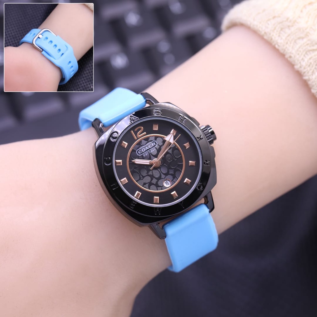 JAM TANGAN WANITA COACH FM70 TALI RUBBER TANGGAL AKTIF DM 3.0CM FREE BOX  || JAM TANGAN FASHION WANITA COACH