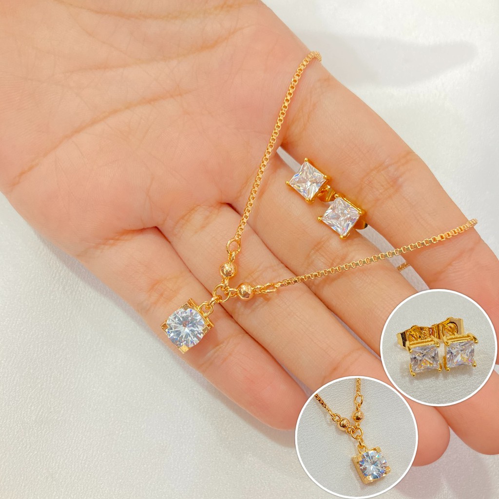 Set Kalung Anting Mata Satu Zircon Lapis Emas Aksesoris Fashion