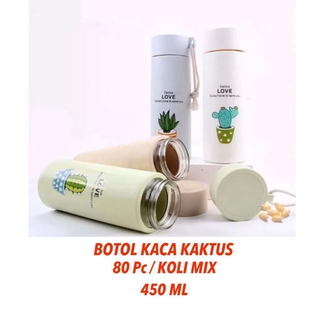 Botol Cactus 450Ml Termos Tempat Wadah Air Kopi Teh Susu Panas Dingin Botol Kaca Motif Kaktus Unik