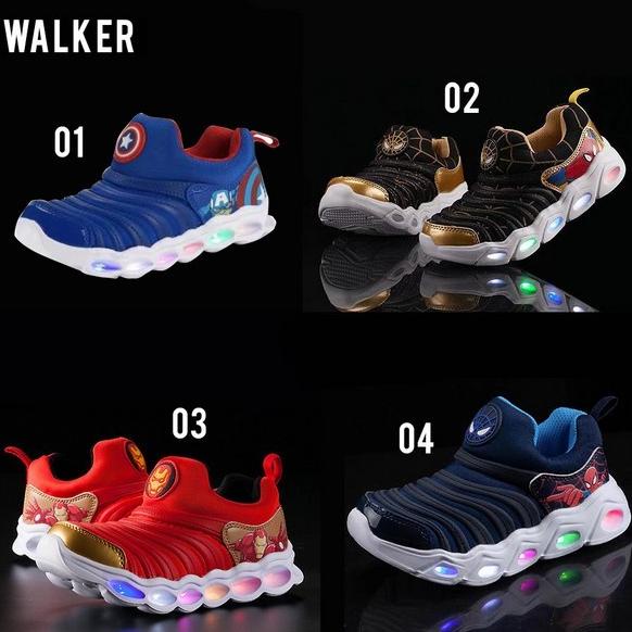 LKM208 Sepatu Sneaker Anak Laki Lampu LED Spiderman Ironman Captain