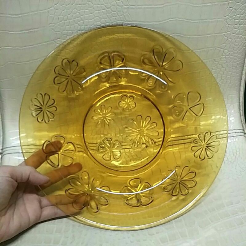 Piring Cekung kaca beling kuning coklat lawas