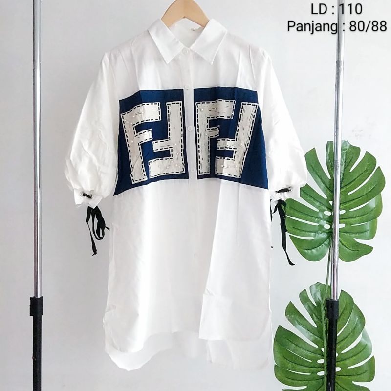 high low shirt mini dress kemeja panjang wanita putih motif fendi navy lengan puff brand mosco bahan