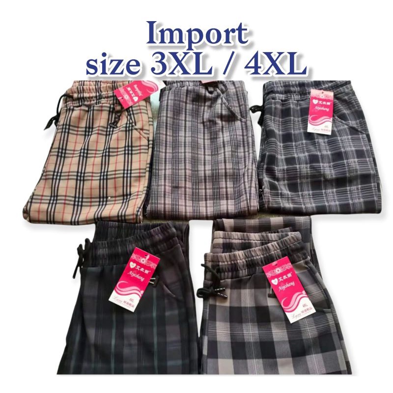 Celana Baggy Pants Wanita Motif Kotak-Kotak &amp; Salur Import Bahan Stretch Melar Fit To 3XL-4XL