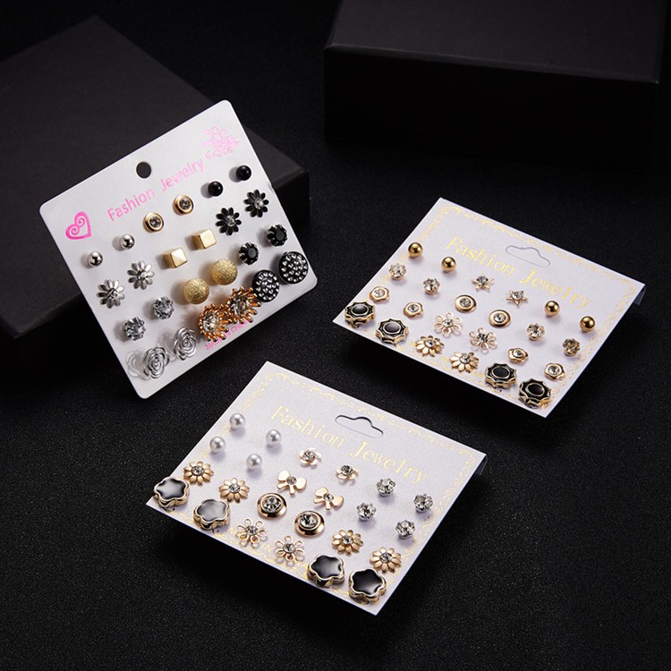 ⭐COD 12 Pasang Anting Set Tusuk Model Mutiara Intan Bentuk Bulat Gaya Korea Untuk Wanita Dalika