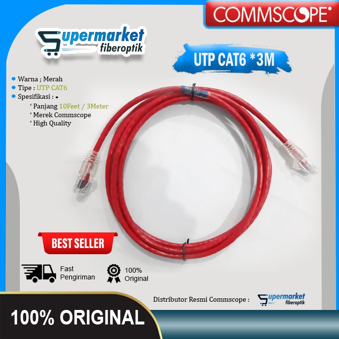Patchcord Lan Cat 6 10 Feet Kabel Lan UTP 3 Meter Merah AMP Commscope