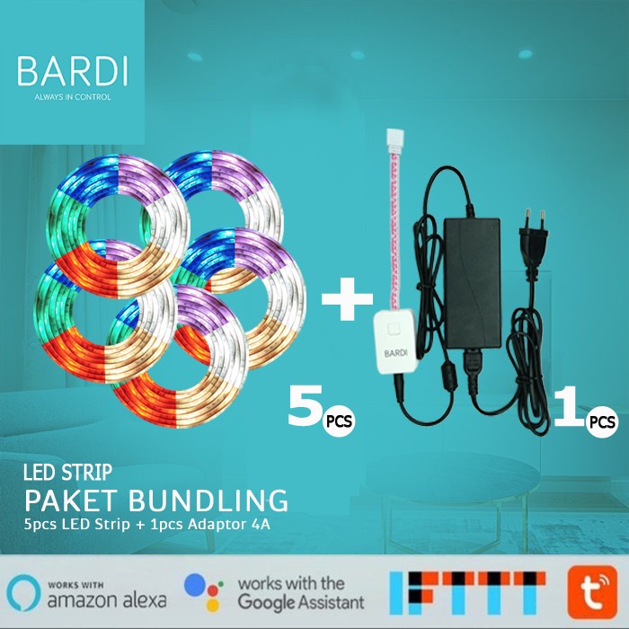 BARDI Bundling 5 LED Strip RGBWW Wifi 2m &amp; Adaptor 4m 4A.