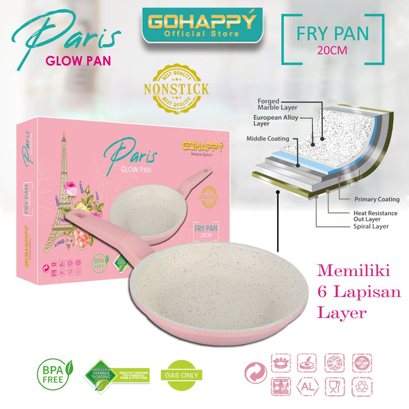 GOHAPPY Panci Fry pan Paris 20 cm/GlowPan Paris GH-P05/Wajan Frypan Anti lengket marble putih