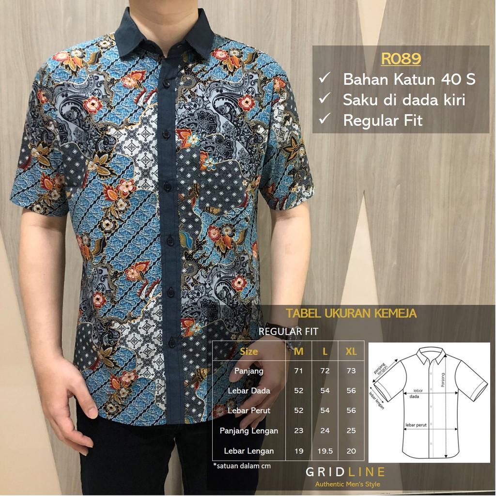 [GRIDLINE - R089 Blue] Kemeja Batik Pria Katun Lengan Pendek Regular Modern