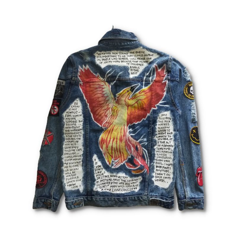 Arfacloth - Denim Jacket Blue Phoenix Fire - Jaket Jeans Custom - Lukis Painting Art