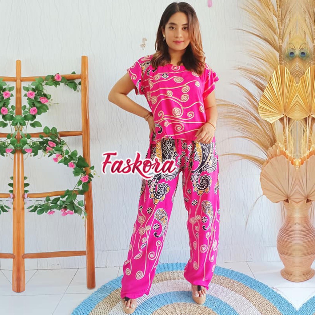 Piyama Rayon Jumbo Lengan Pendek One Set Wanita Kekinian Remaja Pajamas Polos Kombinasi Auristela-Jodha 1 Pink