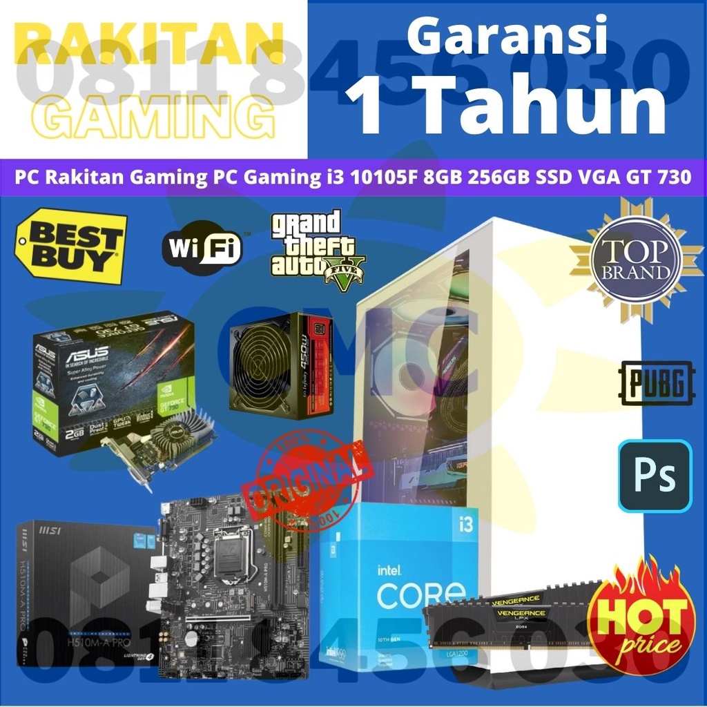 PC Rakitan Gaming Intel Core i3 10105F 8GB SSD 256GB VGA GT 730
