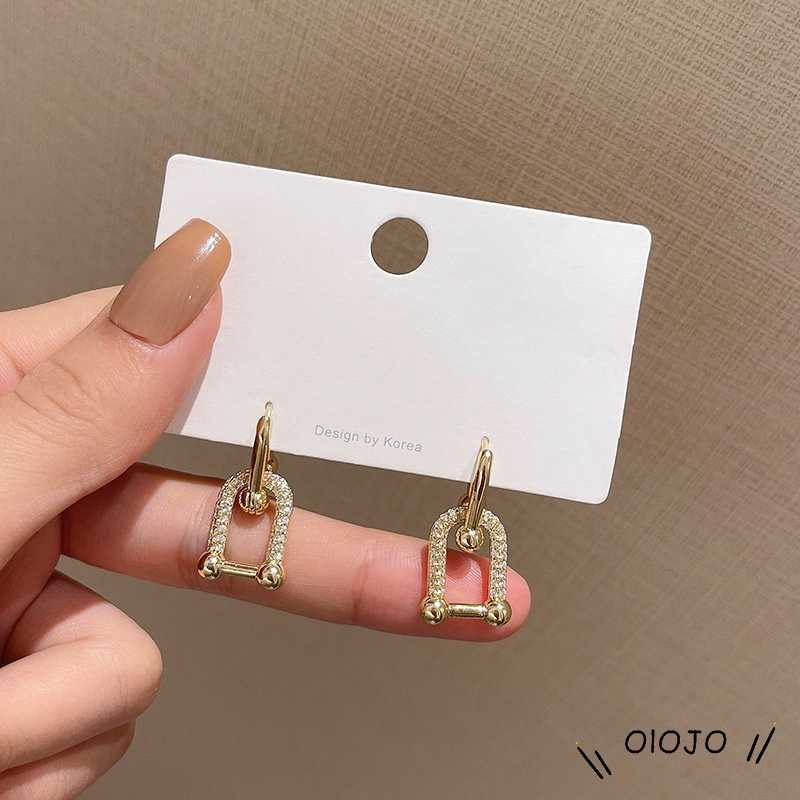 Fashion Bertatahkan Zirkon Berbentuk U Anting-Anting Emas Cincin Ganda Saling Geometris Dilepas Retro Telinga Stud Minoritas Perhiasan Untuk Wanita - ol