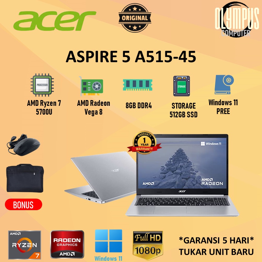 Laptop Acer Aspire 5 A515 Ryzen 7 5700 16GB 512SSD VEGA8 FHD IPS