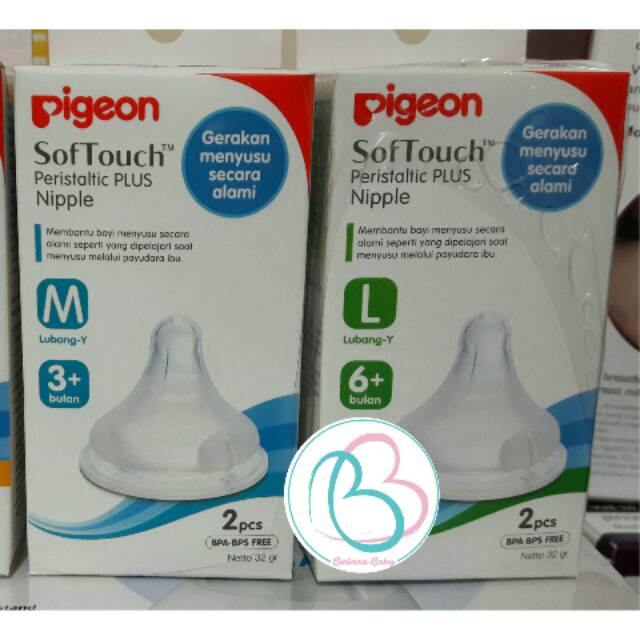 Box Isi 2 - ORIGINAL Dot Pigeon wide neck peristaltic plus wideneck Nipple Pigeon Softtouch Box isi 2 / Nipple Pigeon Size SS Size S size M Size L Wide neck Peristaltic Plus Size L 6 bulan keatas