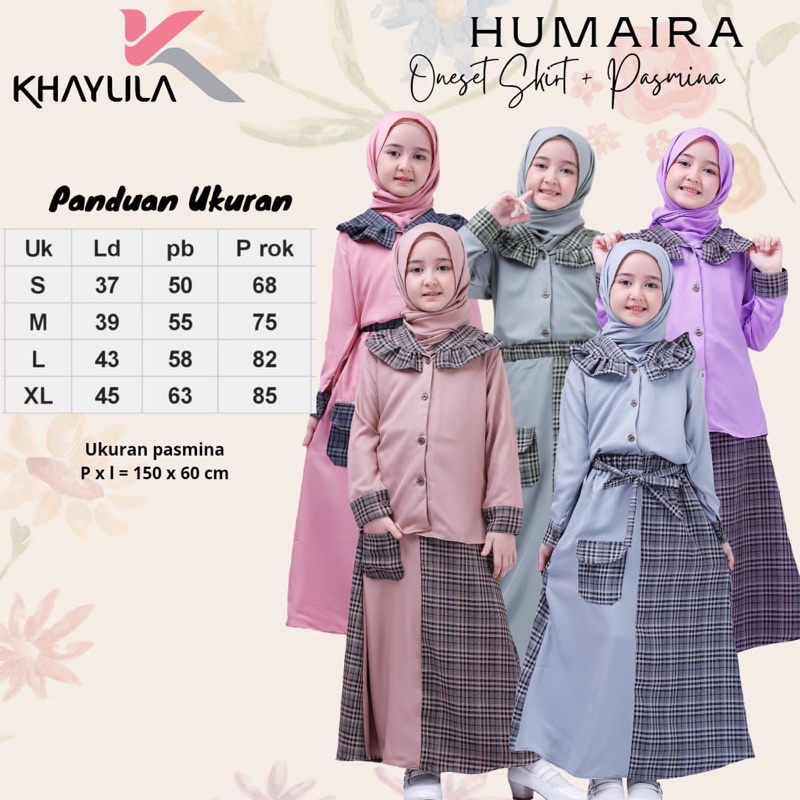 Humairah One Set Skirt Pashmina Baju Rok Anak Perempuan Khaylila - Gamis Hijab OneSet Cewek - Setelan Muslim Muslimah Jilbab Kerudung Pasmina Usia 7 Sampai 14 Tahun