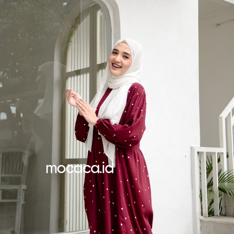 midi dress polkadot merah maroon kuning polka ootd hijab lengan karet kekinian katun rayon adem