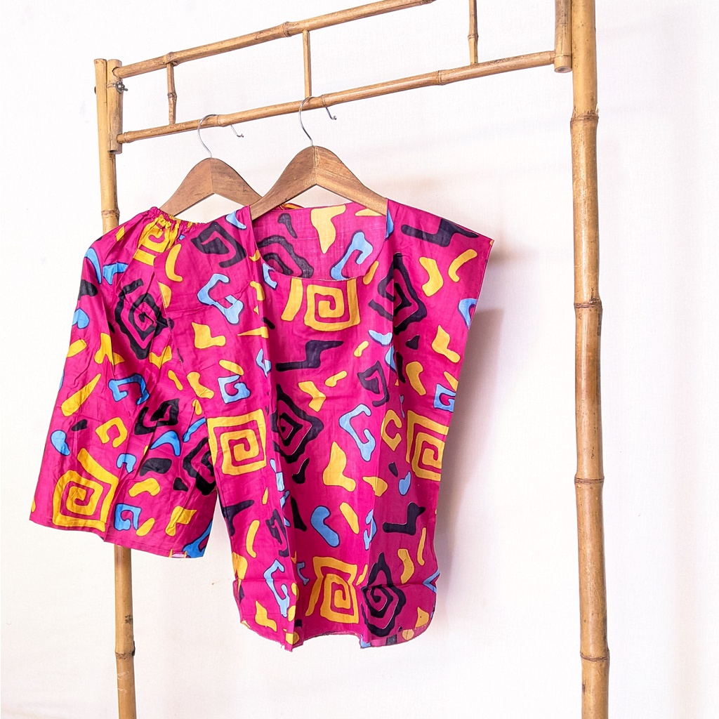 Baju Tidur Tanpa Lengan Piyama Krill Setelan Midi Homewear Homey Dress Baby Doll Dewasa Nyaman Di Rumah Santai WFH Rayon One Set Pajamas-abstrak pink 2