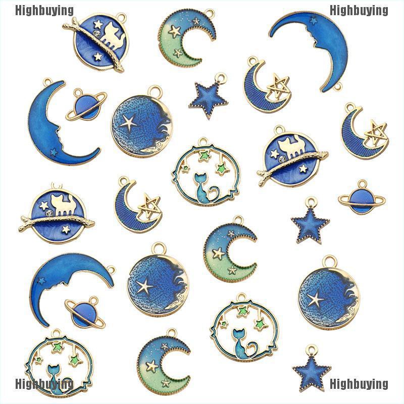 Hbid Glory 24Pcs / Set Liontin Enamel Kucing Bulan Bintang Planet Bumi Untuk Membuat Perhiasan DIY