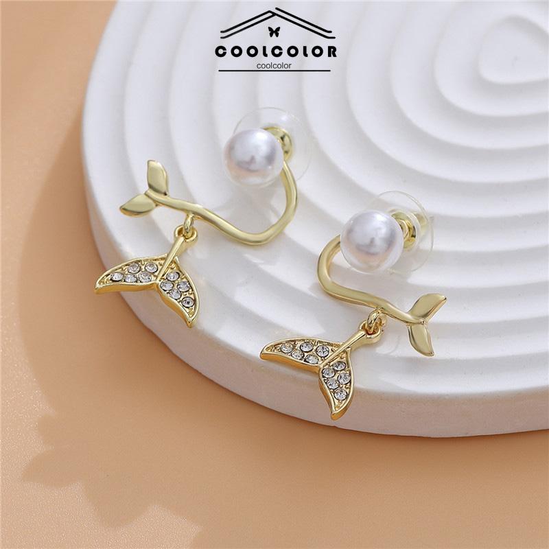 CODPearl Fishtail Back Hanging Earrings Wanita High-end Cahaya Mewah Penuh Berlian Anting Geometris- cl