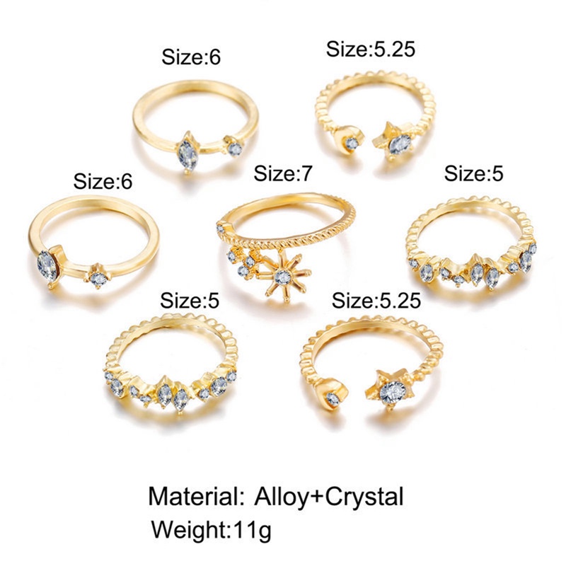 7 Pcs / Set Cincin Emas Bentuk Bulan Bintang Gaya Bohemian Untuk Wanita