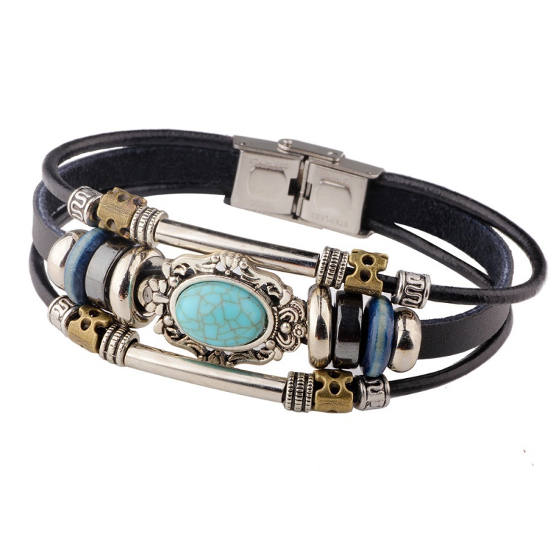 Gelang Manik-Manik Turquoise Bahan Stainless Steel Gaya Retro Untuk Pria Dan Wanita