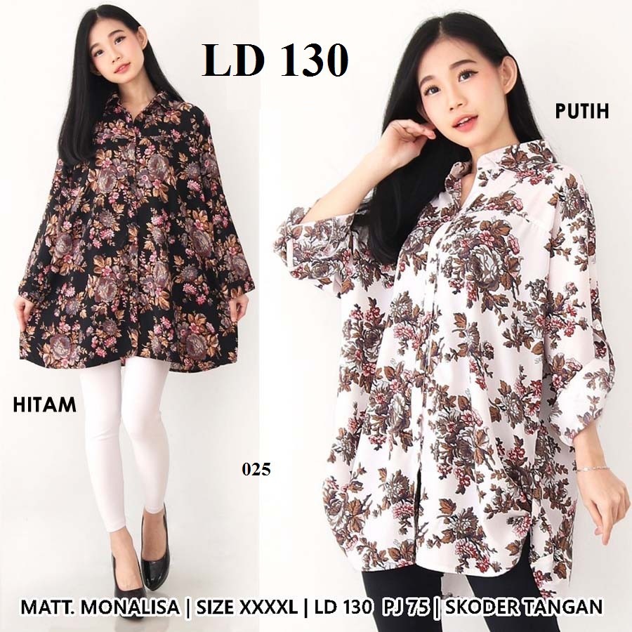 Terlaris Baju atasan kemeja bahan monalisa motif vintage retro elegan hitam putih size 4XL LD130 siz