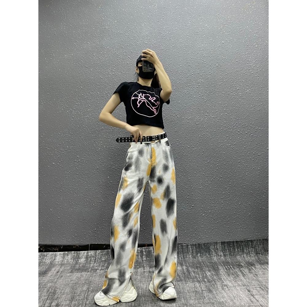 celana jeans pinggang tinggi warna tie-dye gaya barat slit wide leg jeans wanita musim gugur dan mus