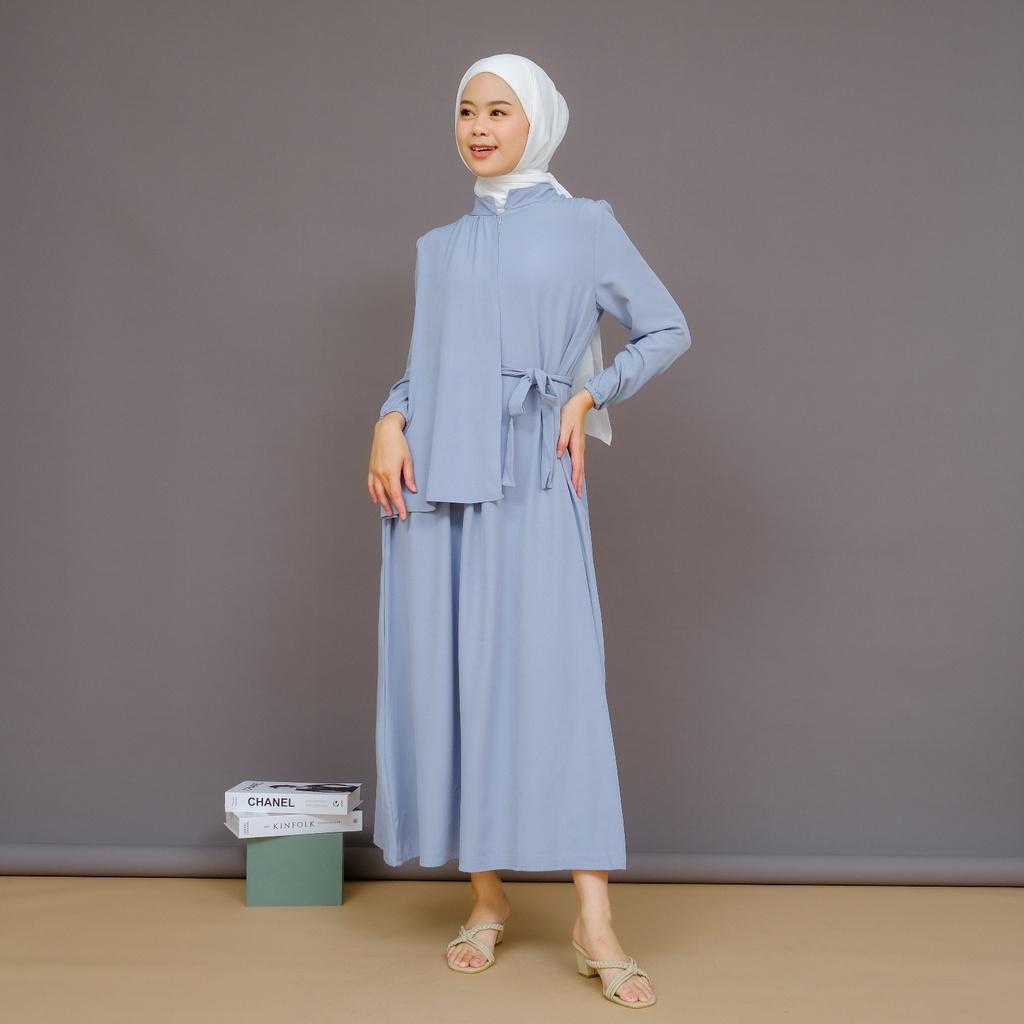 Mayoutfit Macyla Maxidress | Dress Gamis Muslim Kerah Shanghai Model Vest Lipit Tali Samping-Soft blue