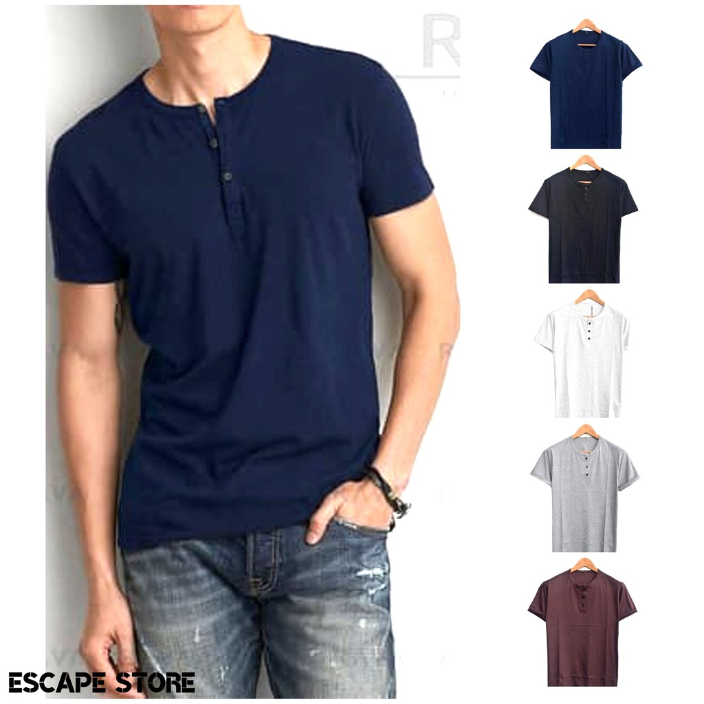 Baju Kaos Henley Berkancing Lengan Pendek - HITAM