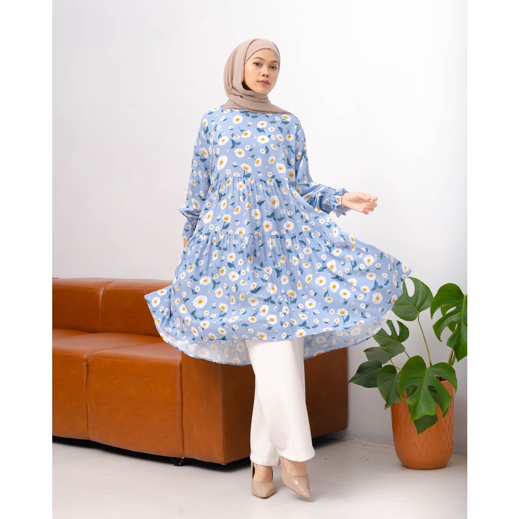 TUNIK ZIA RAYON MOTIF OVERSIZE RUFFLE LONG SHIRT PREMIUM KEMEJA BLOUSE B502