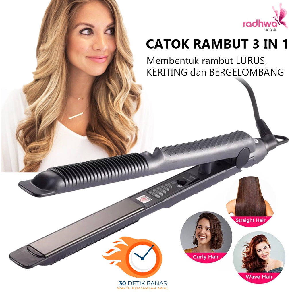 Catokan Rambut 3in1 Membentuk Rambut Lurus Keriting Bergelombang - Hair Straightener Curly Wavey