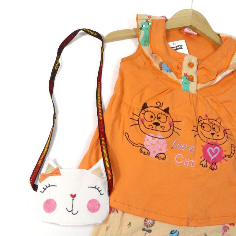 SETELAN BABY FASHION ANAK PEREMPUAN MOTIF LOVE CAT BAHAN KAOS GAMBAR BORDIR 1 TAHUN