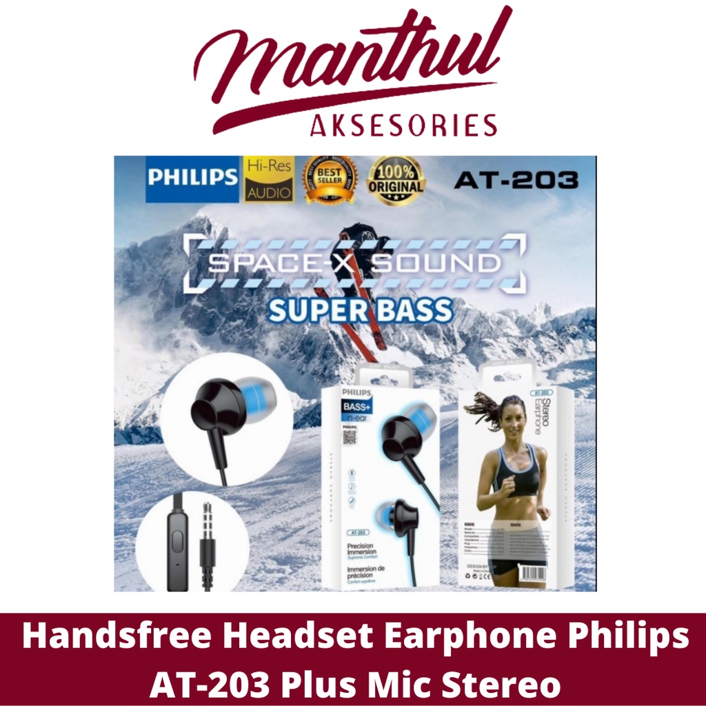 Handsfree Headset Earphone Philips AT-203 Plus Mic Stereo Suara Bagus