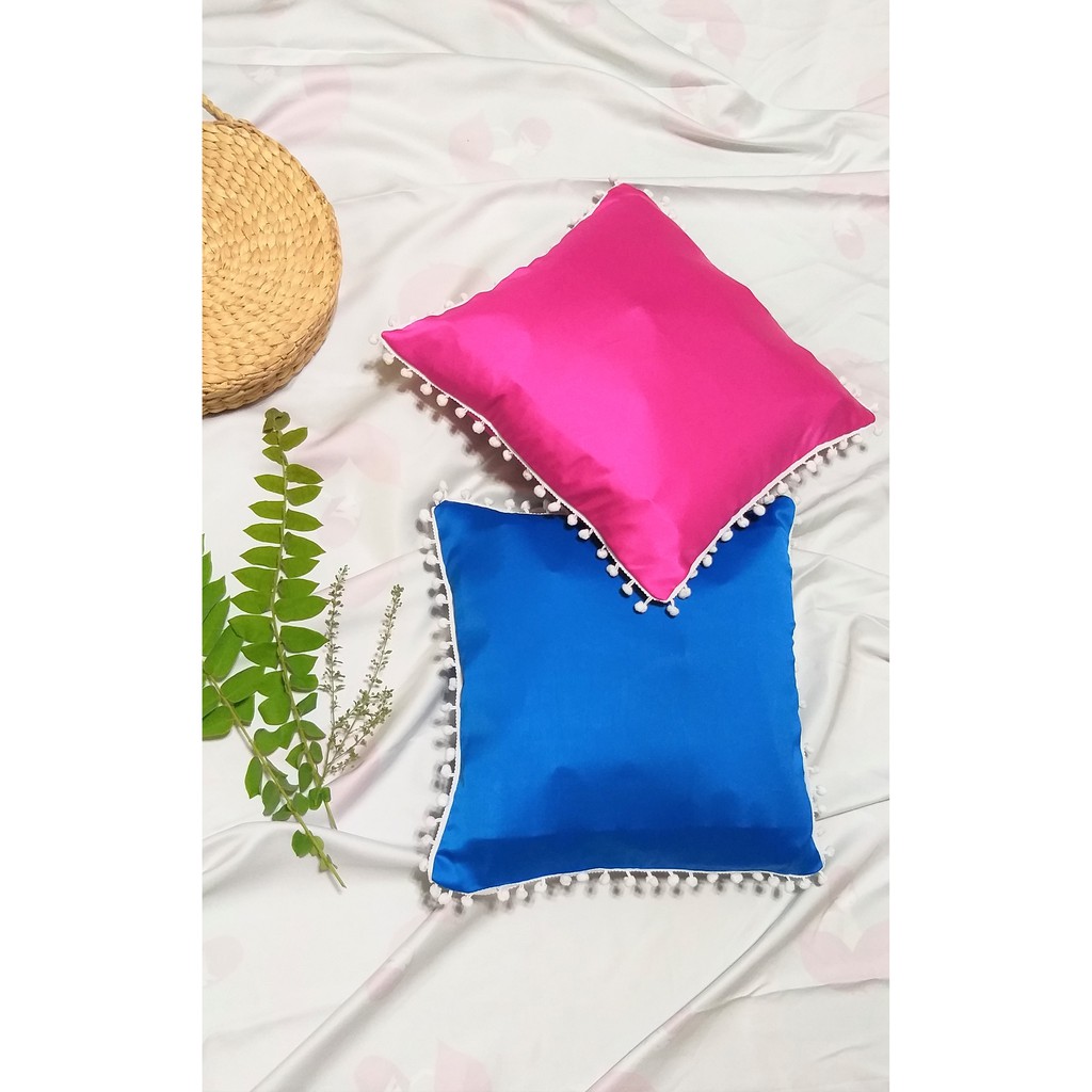 

White Pompom in Blue Cushion Cover