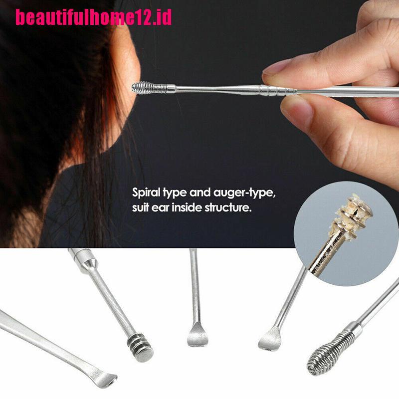 【beautifulhome12.id】7Pcs/Set Stainless Steel Ear Pick Curette Wax Earpick Scoop Remover Cleaner Tool