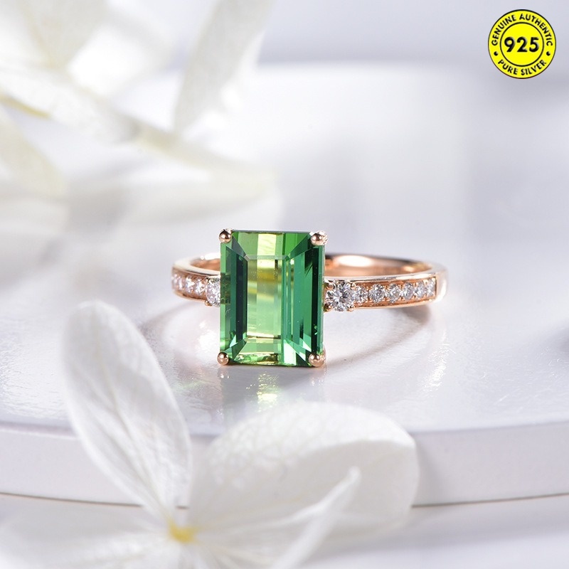 Rose Gold Green Tourmaline Ring Inlaid Emerald Colored Gems Open Ring for Women