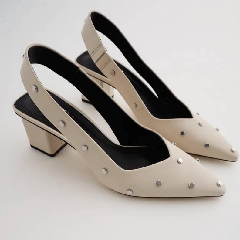 [7.7 Boombastis Sale⚡] - SEPATU SHOES WANITA ZS292 STUDDED LEATHER SLINGBACK HEELS PREMIUM IMPORT