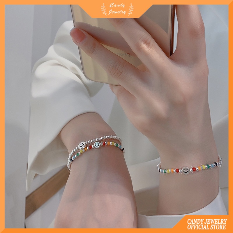 Gelang Kristal Bahan Logam Motif Beruang Smiley Face Gaya Korea Untuk Wanita