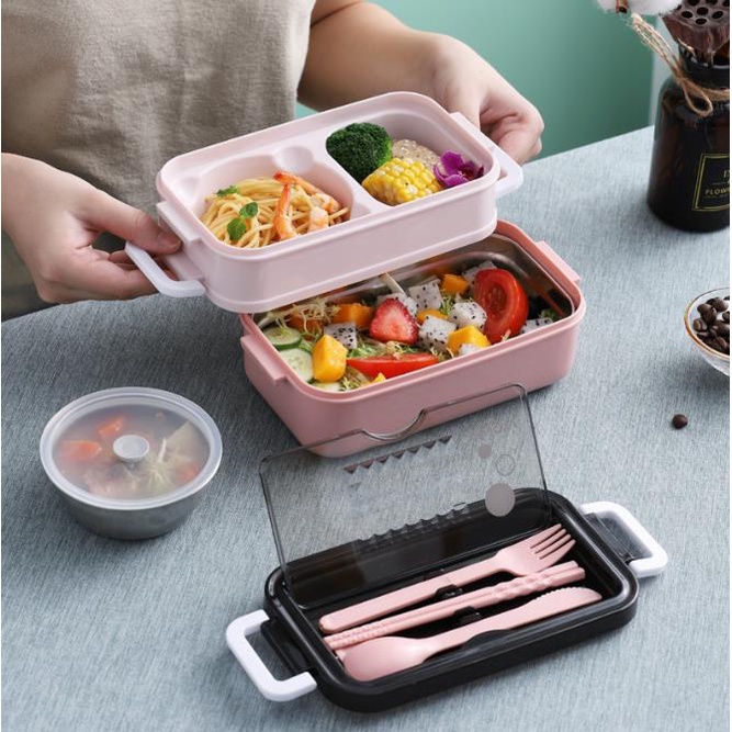 Kotak Makan Double layer Tempat Bekal Makan 2 susun Set Sendok Lunch Box Set BPA Free Bento Box