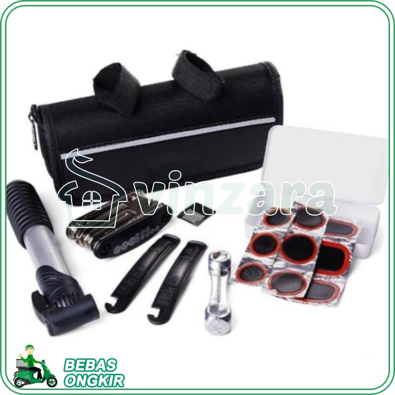 PAKET LENGKAP 1 SET TAMBAL BAN BIKE TOOLKIT KUNCI SEPEDA POMPA TANGAN LEM CUNGKIL CONGKEL SAHOO PERL