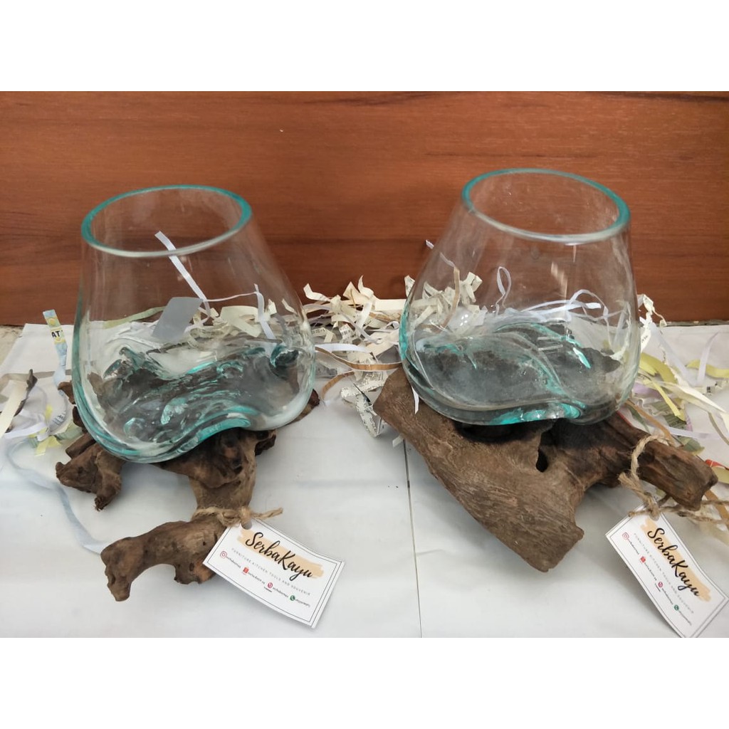 Glass on Wood/Aquarium Ikan cupang/Pot Kaca tiup porselen ukuran M