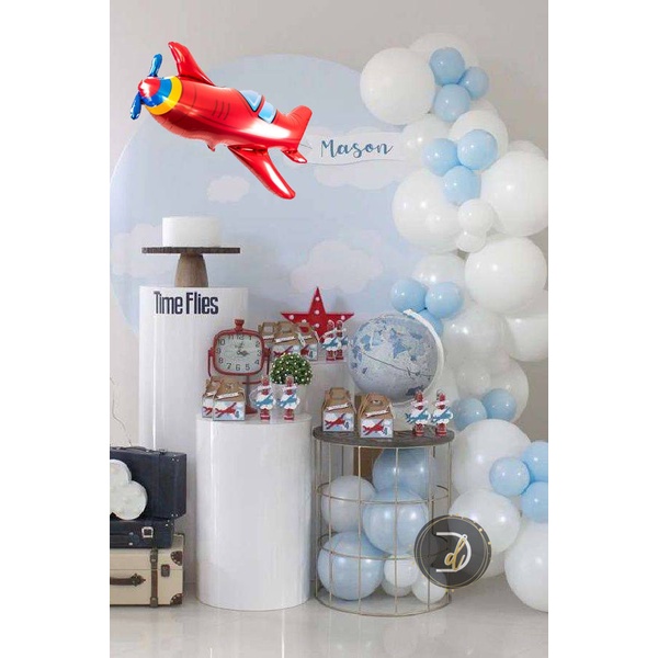 DDBALLOONS PAKET ULANG TAHUN BALON PILOT BIRU PUTIH AWAN 56 PCS BALON